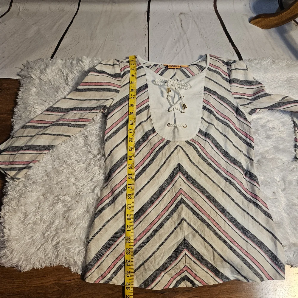 Tory Burch Top Striped‎ 3/4 Sleeve Lace Up Neckline Pink Navy White Size 6